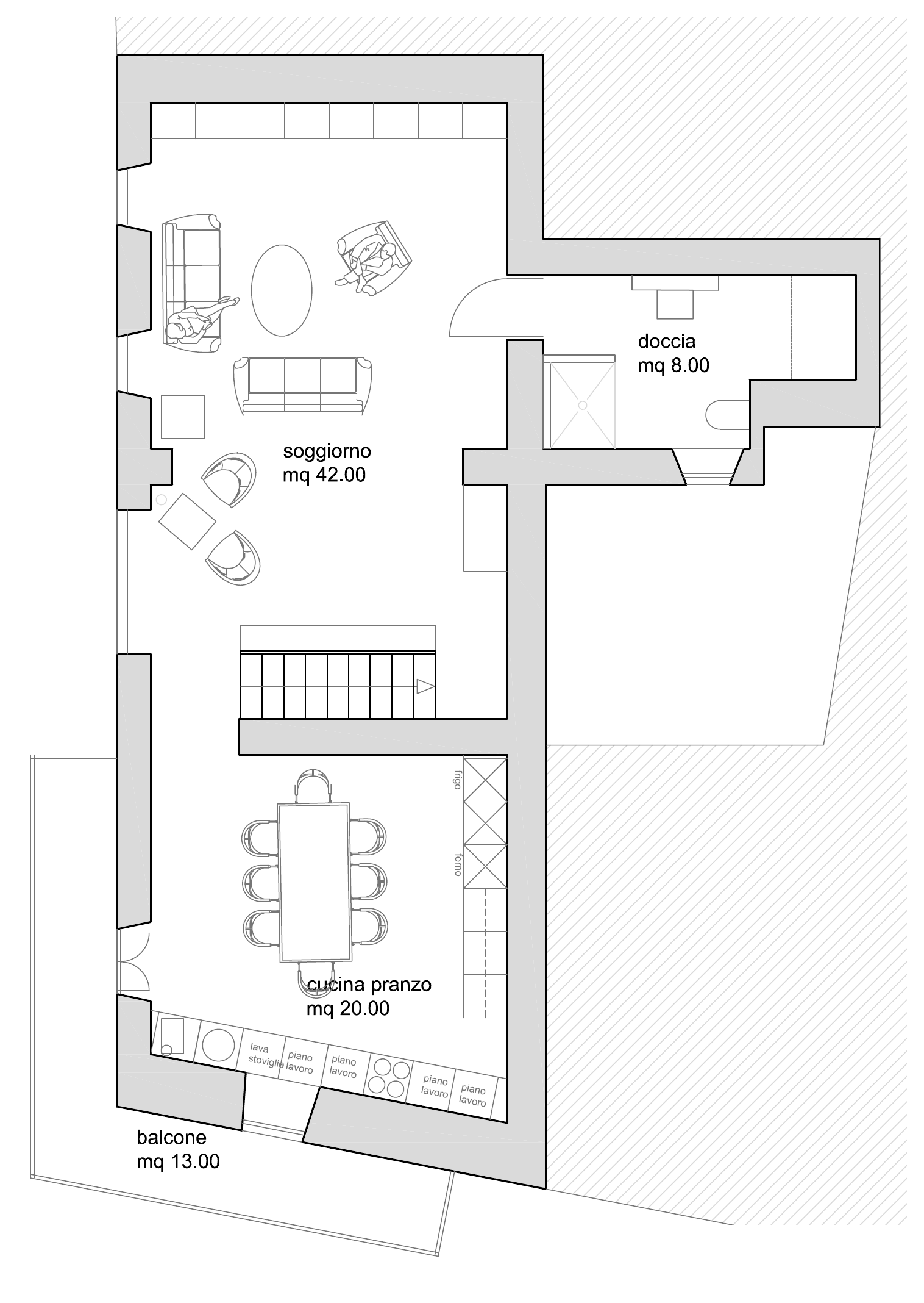 Planimetria del secondo piano con soggiorno, cucina, bagno e balcone